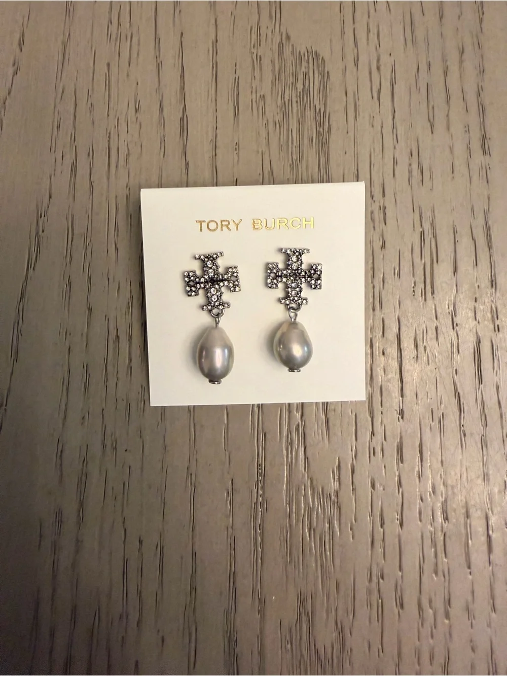 Tory Burch Silver-Tone Cross Pearl Drop Earrings